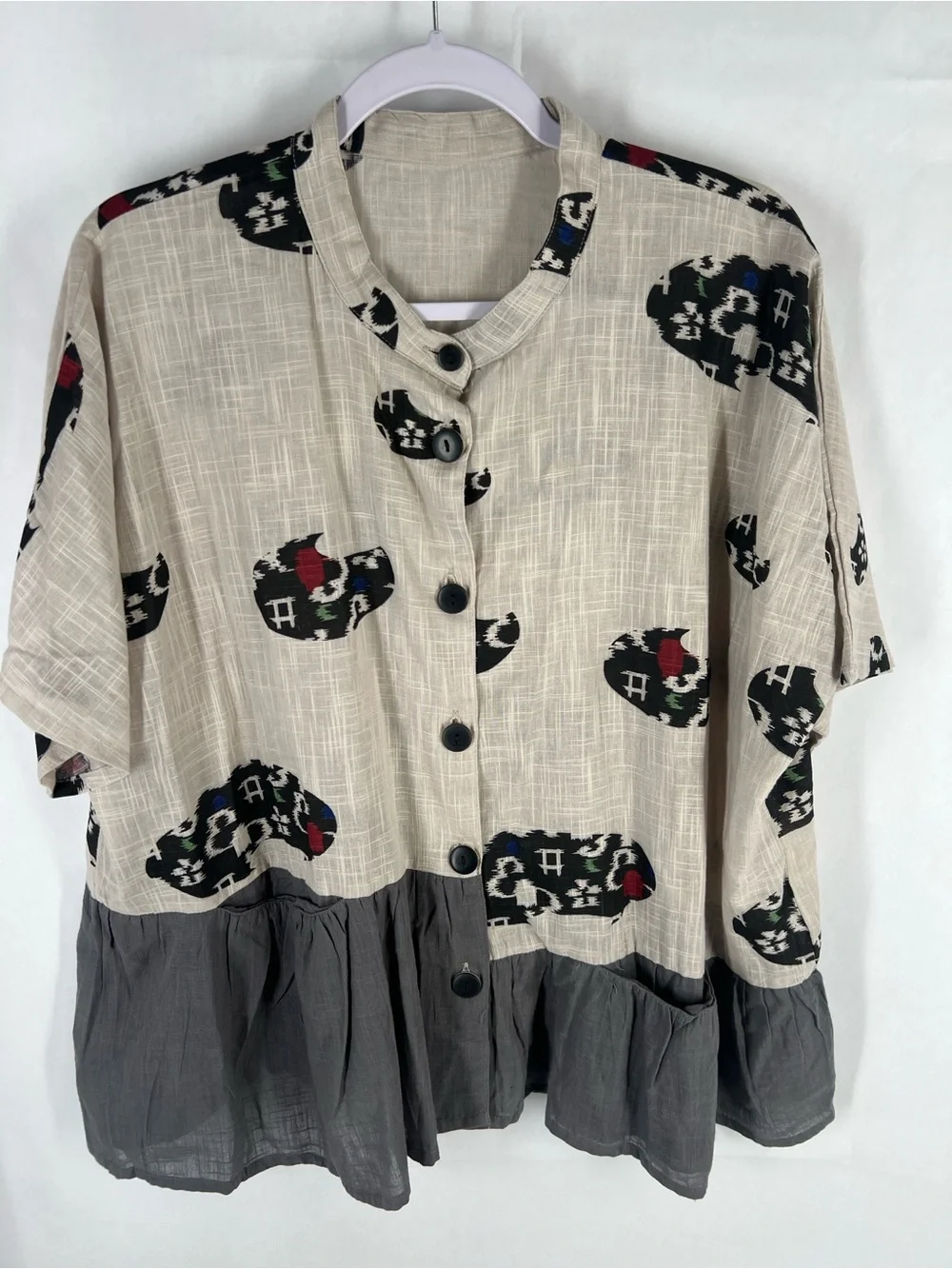 Mona Lisa 100% Cotton Abstract Print Ruffle Hem Pocket Tunic Top